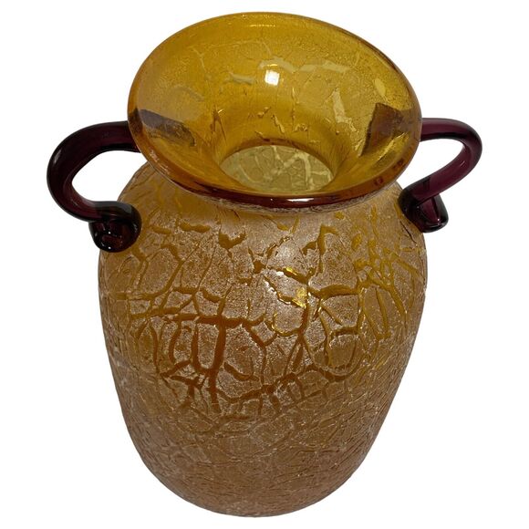 Vintage Hand Blown Art Glass Handled Vase Frosted Crackle Textured Brown Rare - Picture 4 of 10